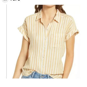 Faherty Avery Yellow Striped 100% Linen Short Sleeve Button Down Shirt Size XL